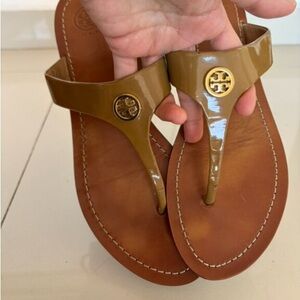 Tory Burch Tan Patent Miller Thong Sandals